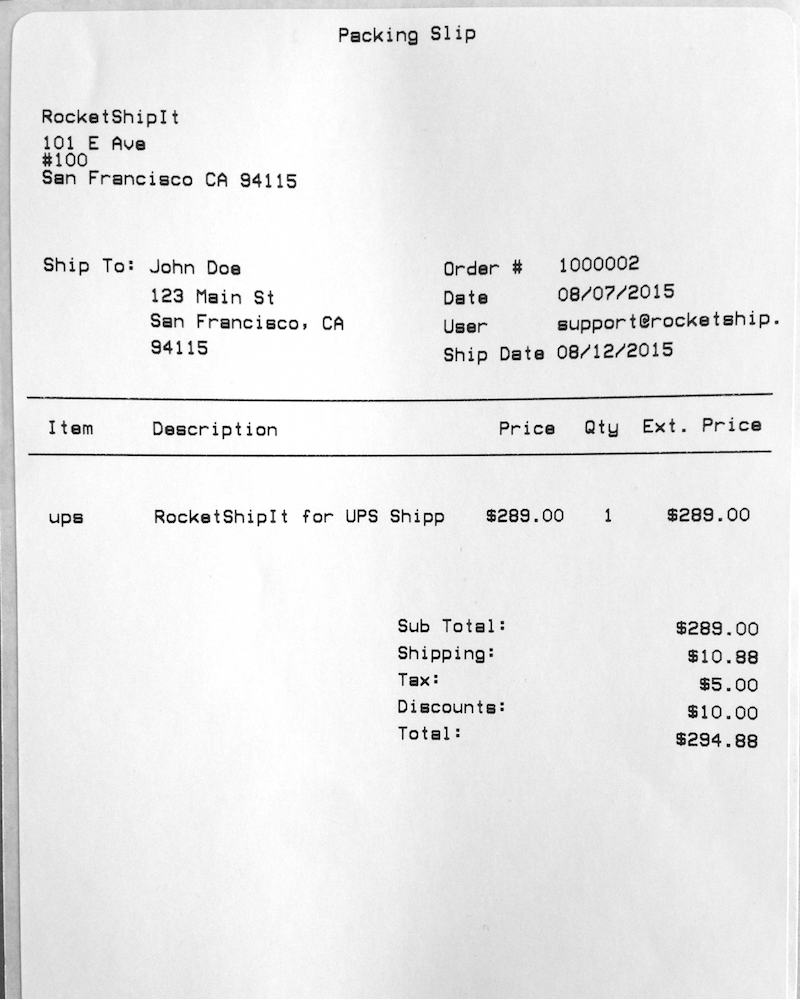 RocketShipIt pack slip thermal label printout